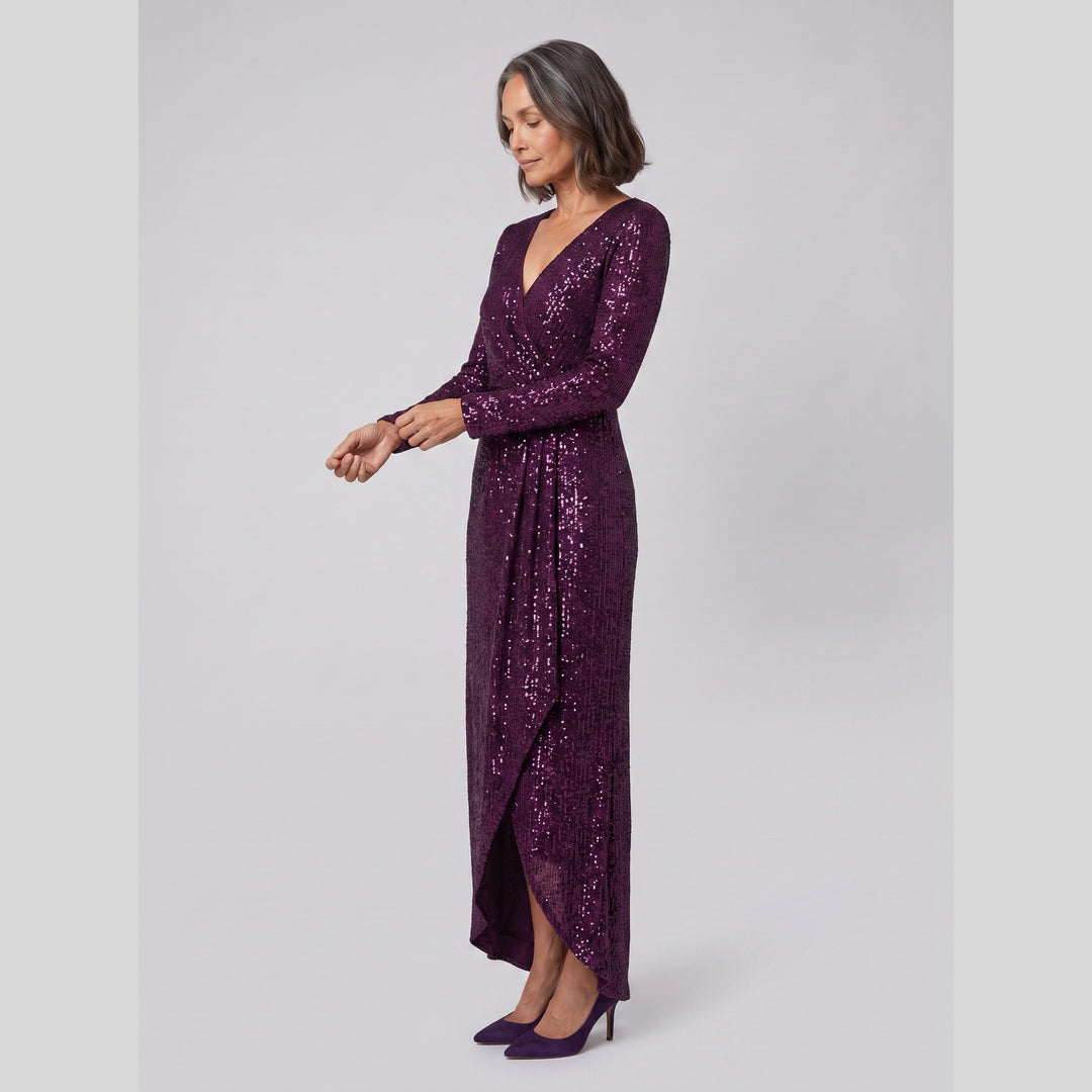 Dark purple sequin long sleeve asymmetrical hem evening gown - The store Vancouver