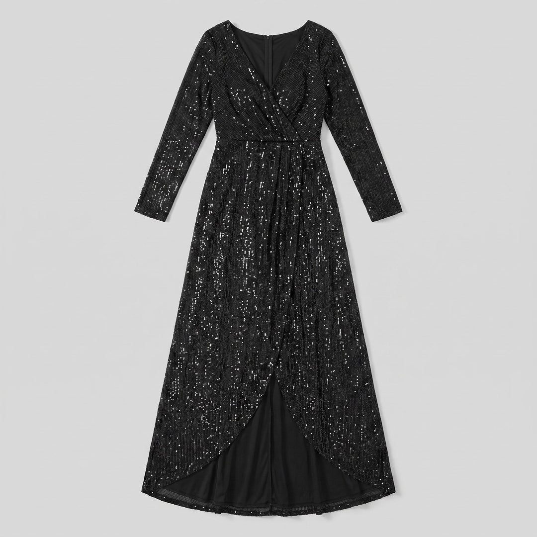 Black sequin asymmetrical hem evening gown flat lay product photo - The store Vancouver