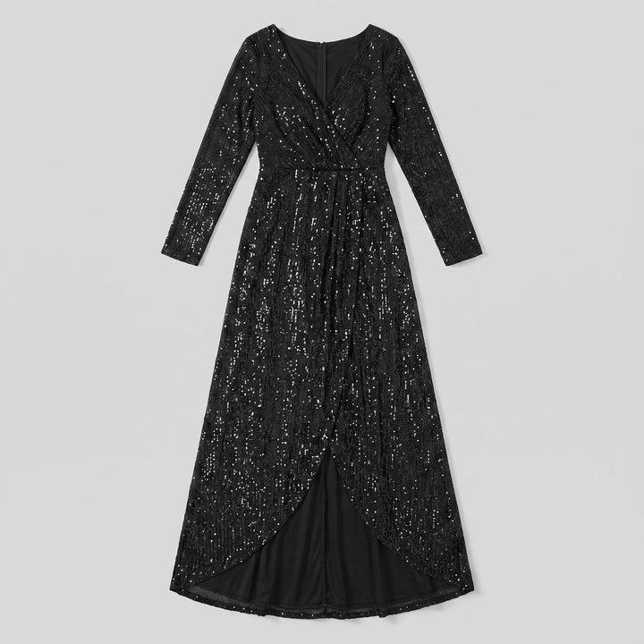 Black sequin asymmetrical hem evening gown flat lay product photo - The store Vancouver