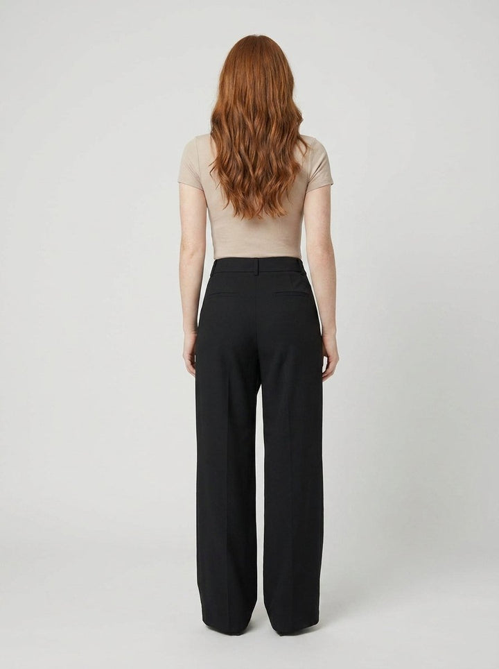 Black wide-leg dress pants, back view