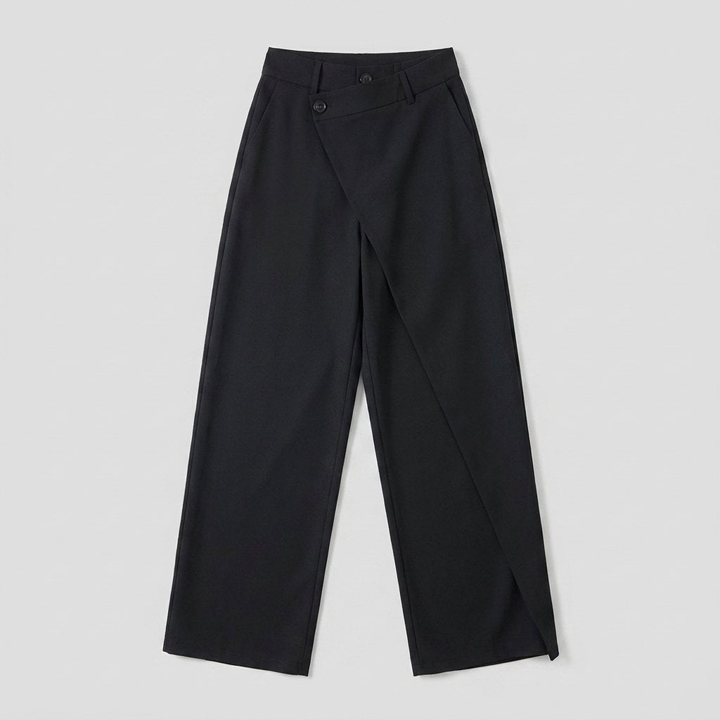 Black wide-leg dress pants, flat-lay product photo