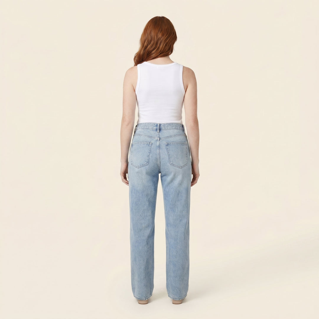 Asymmetric waist straight leg jeans back view