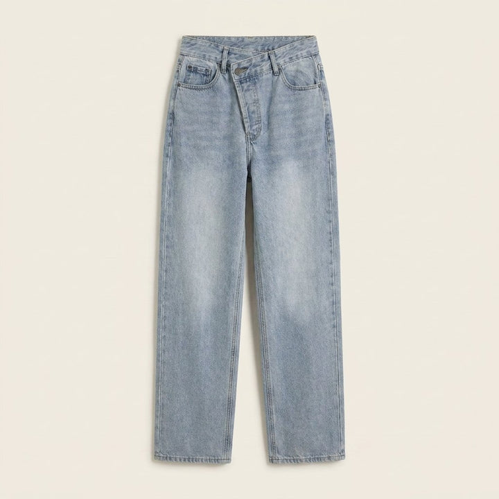 Asymmetric waist straight leg jeans product flat lay