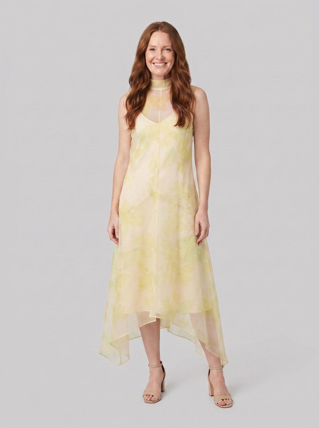 Auden Midi Dress Lemon Grove sheer organza high-low hem, front view on model