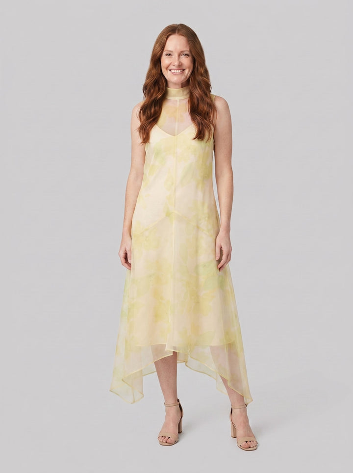 Auden Midi Dress Lemon Grove sheer organza high-low hem, front view on model