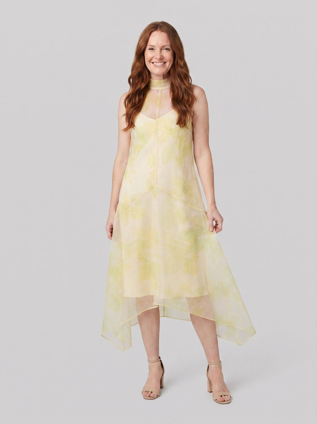 Auden Midi Dress Lemon Grove, front pose two on model