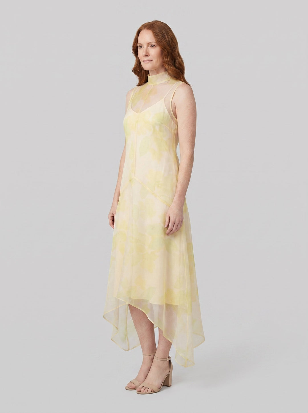 Auden Midi Dress Lemon Grove, side view showing high-low hem