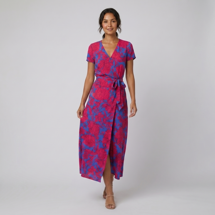 Aureza blue pink floral wrap dress on model