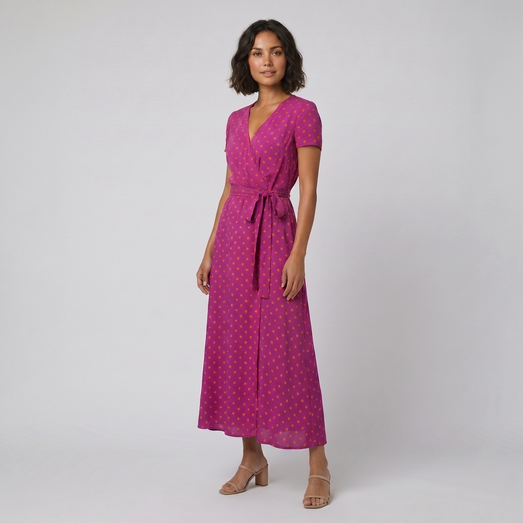 Aureza pink orange dot wrap dress on model