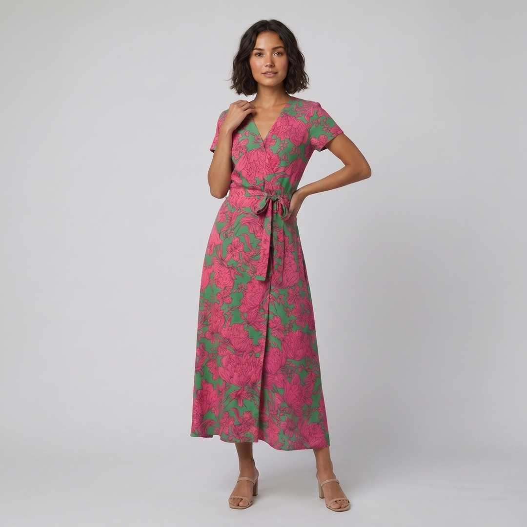 Aureza green pink floral wrap dress on model