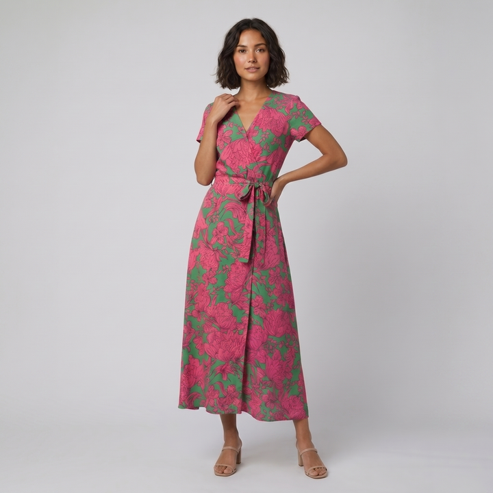 Aureza green pink floral wrap dress on model