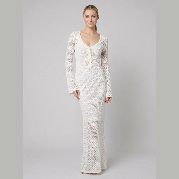 White crochet knit maxi dress with open back, second front pose on model