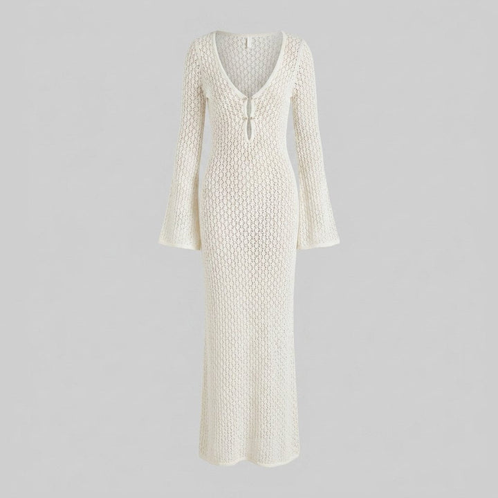 White crochet knit maxi dress laid flat, full length