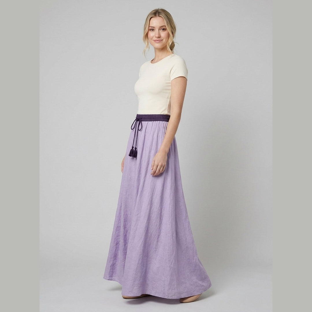 Ava A-line maxi linen skirt lavender purple on model