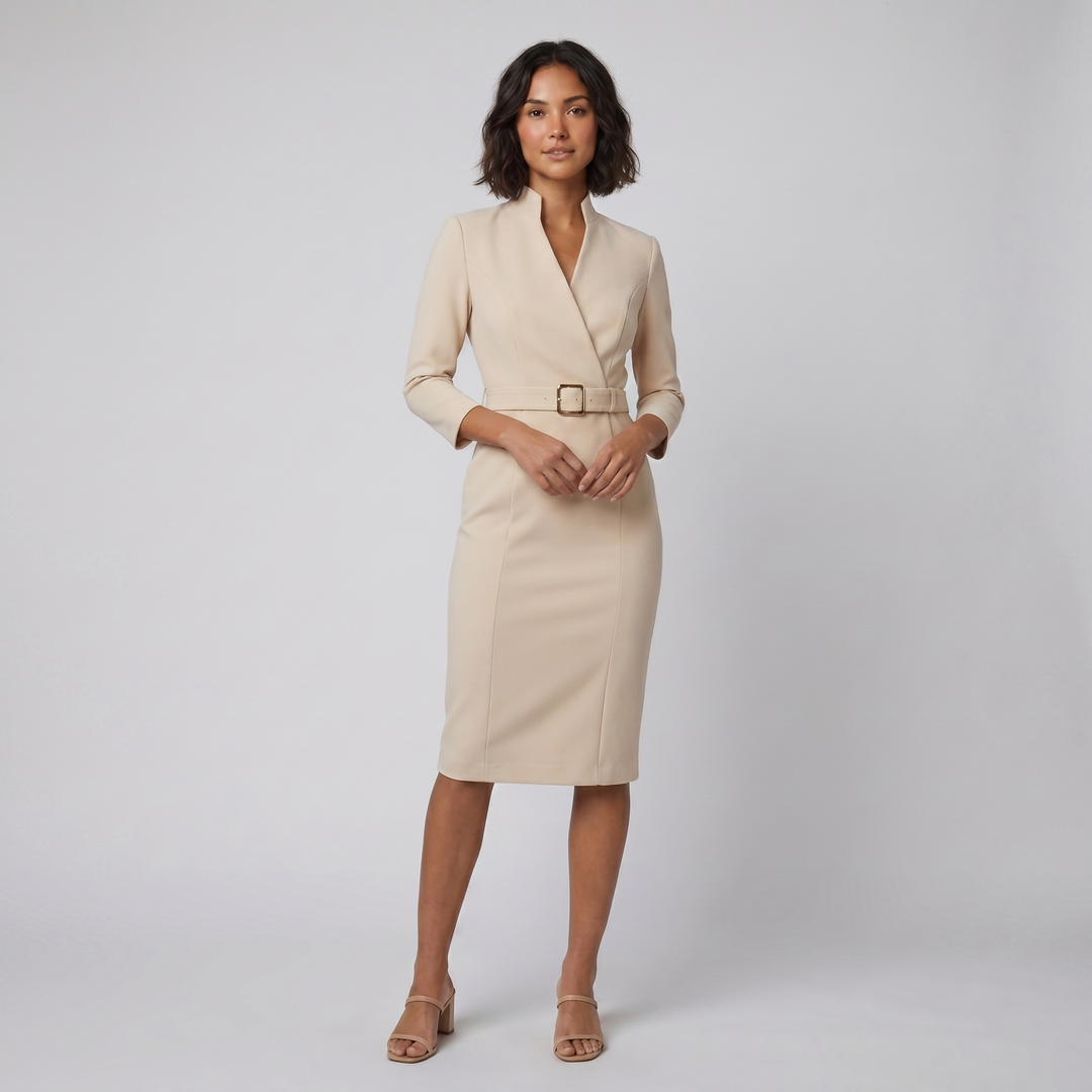 Ava elegant beige tailored belted dress