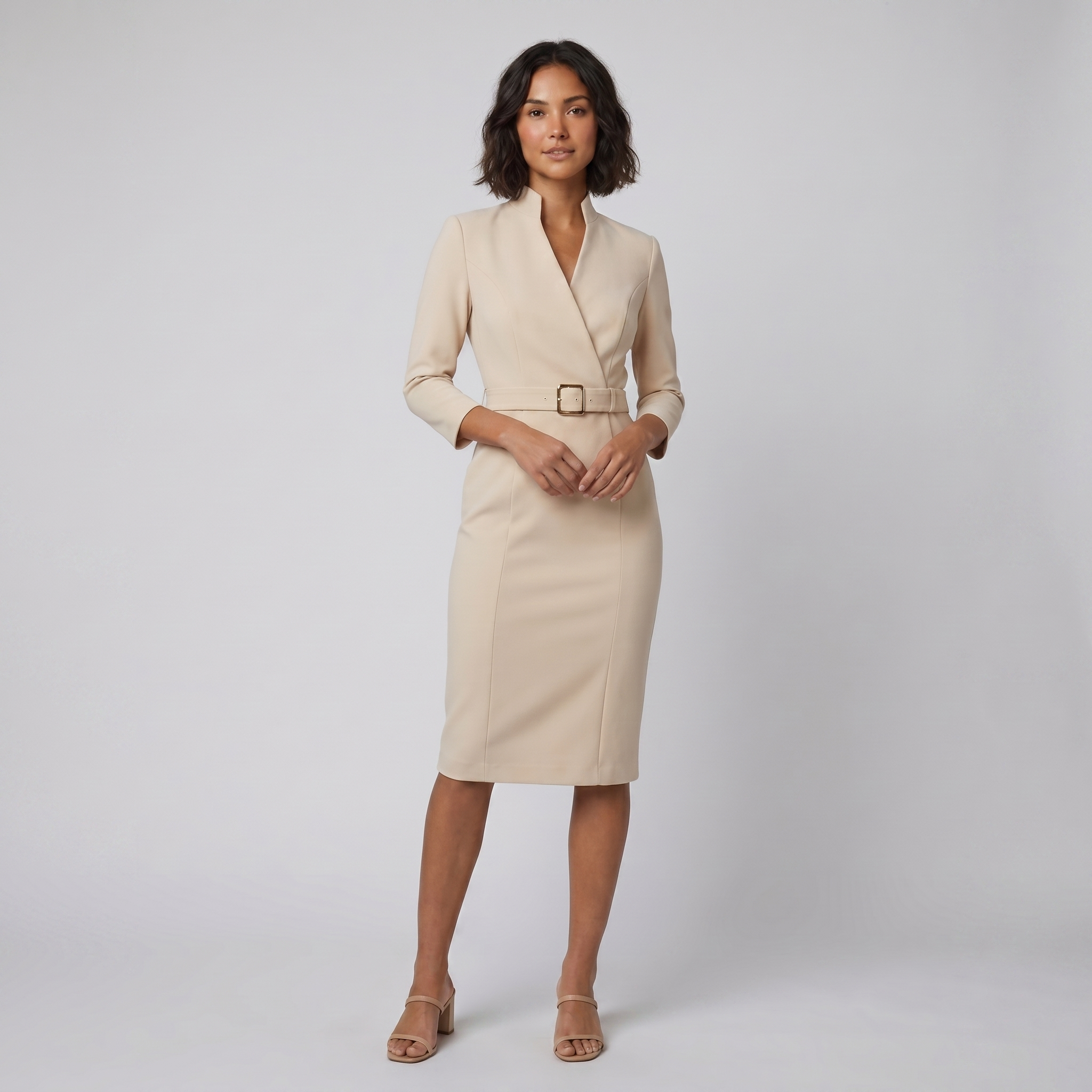 Ava elegant beige tailored belted dress