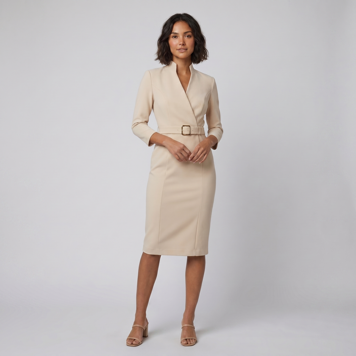 Ava elegant beige tailored belted dress