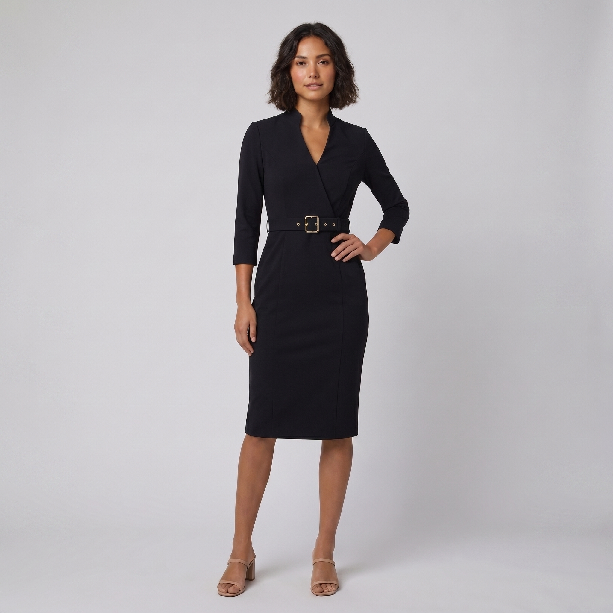 Ava elegant black tailored belted dress