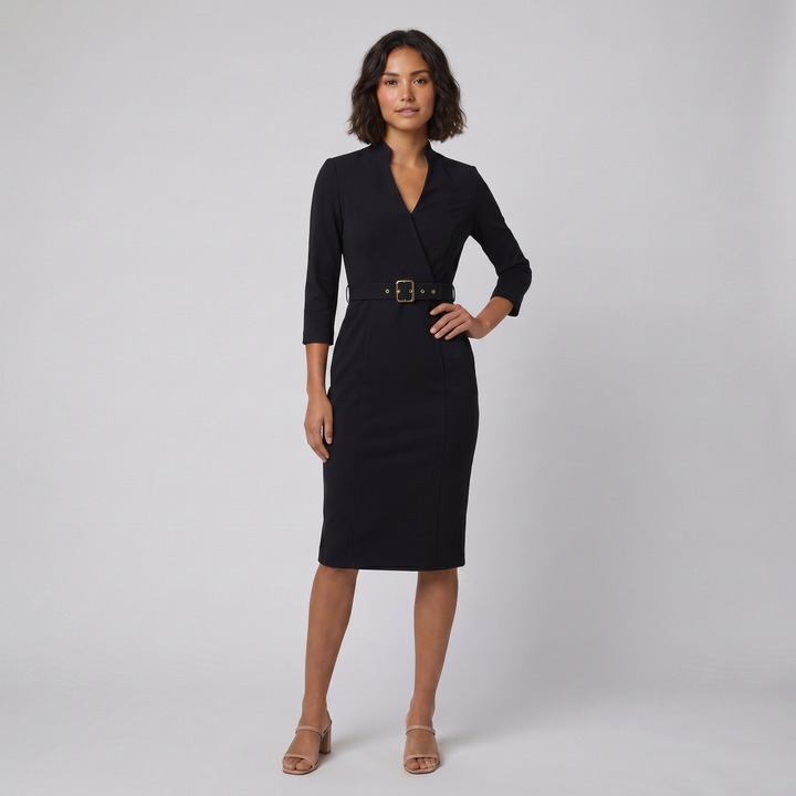Ava elegant black tailored belted dress
