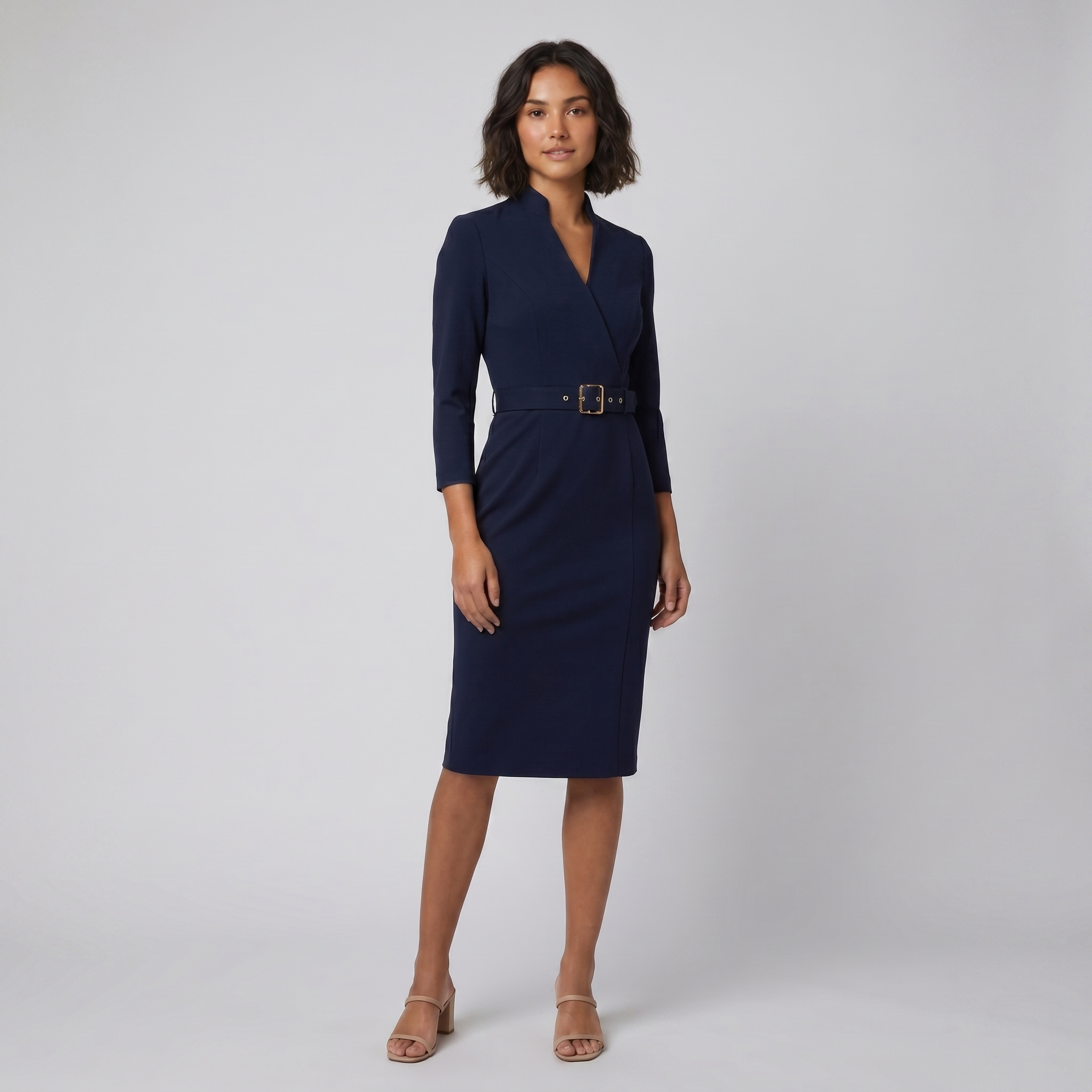 Ava elegant blue tailored belted dress