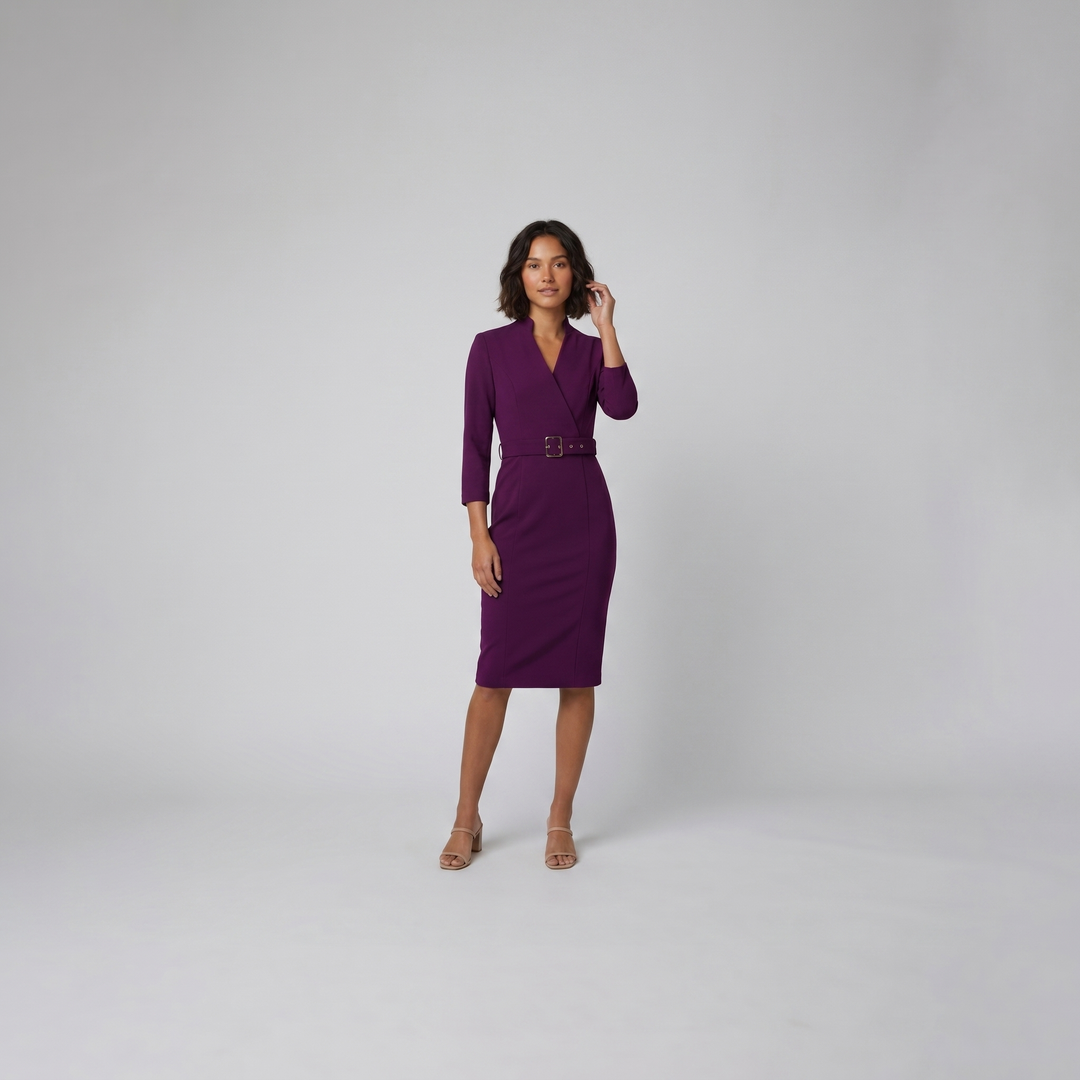 Ava elegant purple tailored belted dress