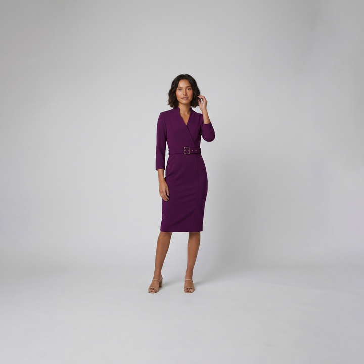 Ava elegant purple tailored belted dress