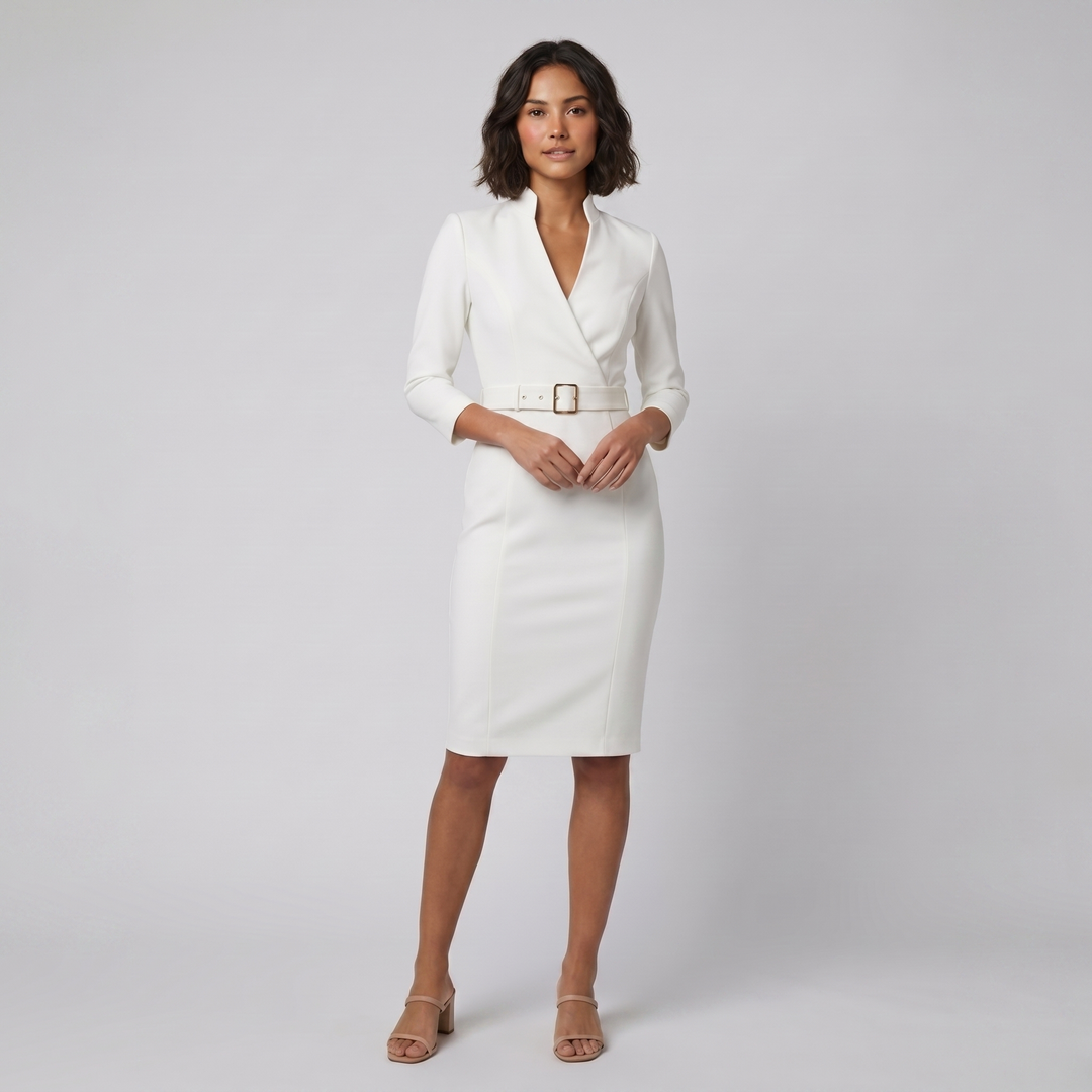 Ava elegant white tailored belted dress
