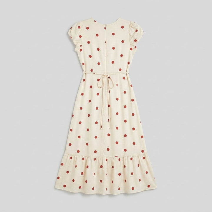 Ava ivory red polka dot midi dress product flat-lay