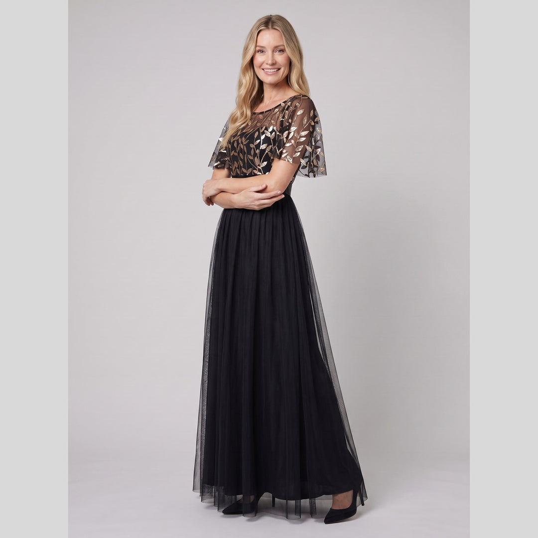 Black and gold sequin leaf tulle maxi dress with flutter sleeves - The store Vancouver
