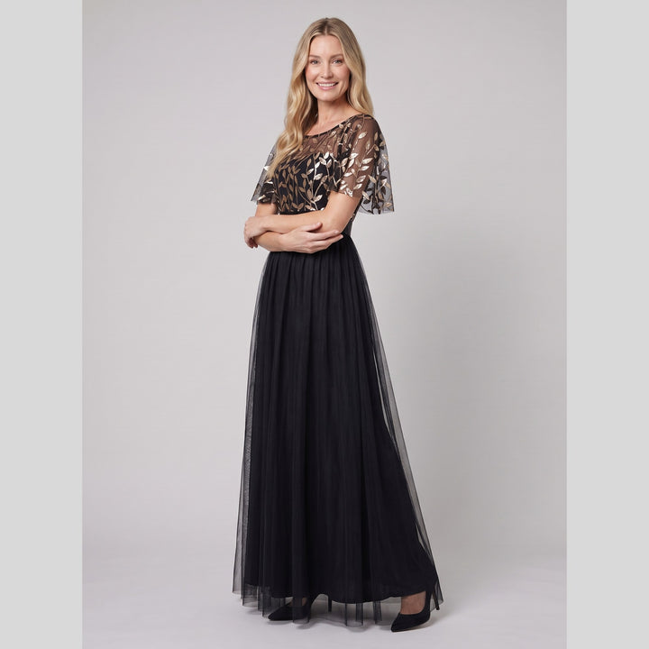 Black and gold sequin leaf tulle maxi dress with flutter sleeves - The store Vancouver