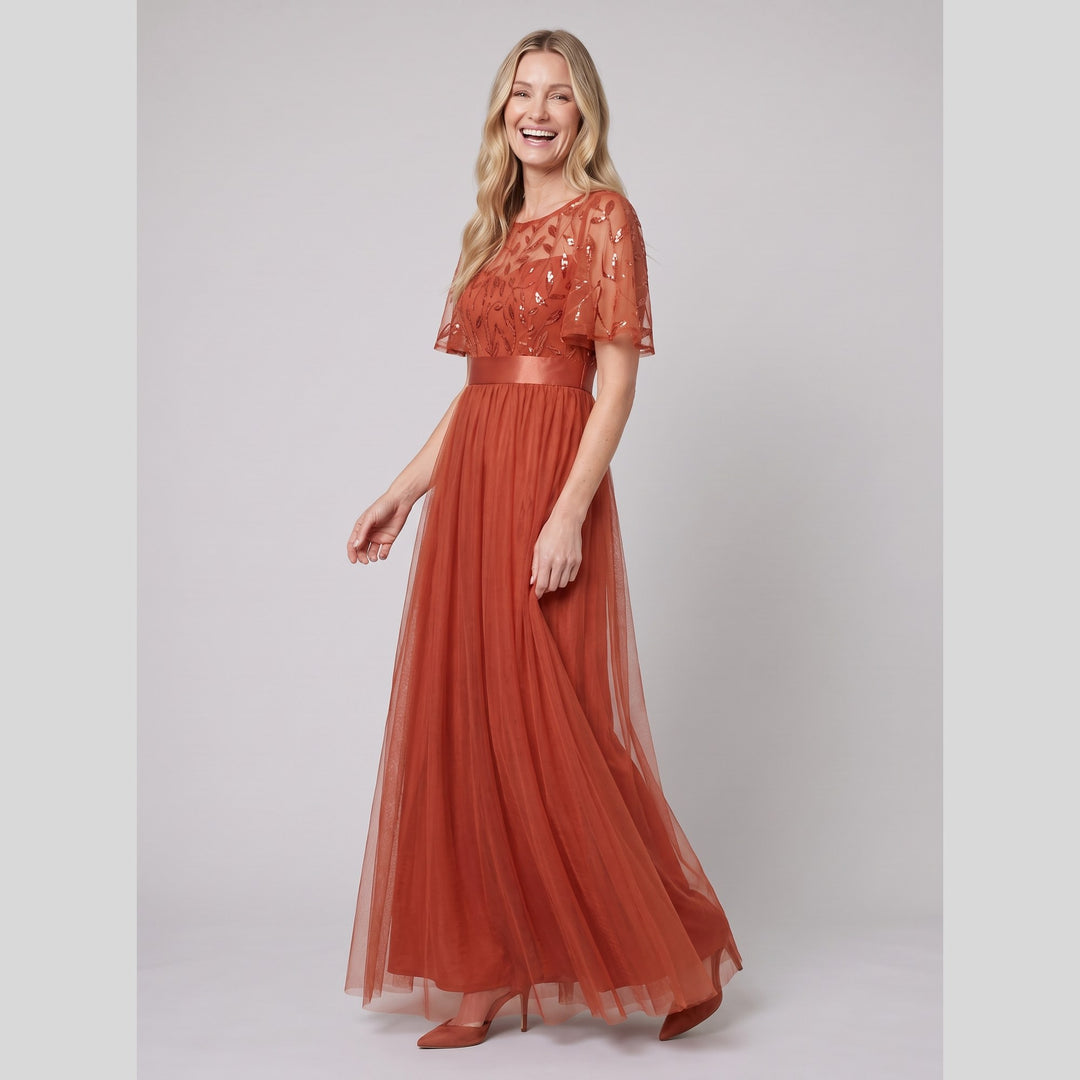 Burnt orange sequin leaf tulle maxi dress with flutter sleeves - The store Vancouver