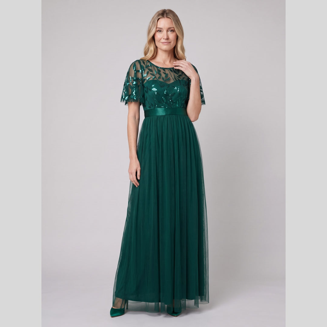 Dark green sequin leaf tulle maxi dress with flutter sleeves - The store Vancouver