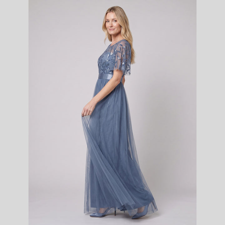 Dusty blue sequin leaf tulle maxi dress with flutter sleeves - The store Vancouver