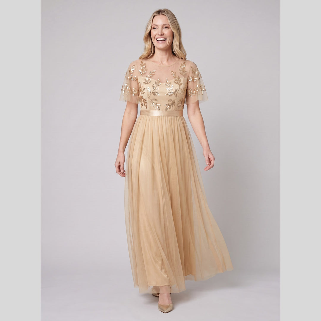 Gold sequin leaf tulle maxi dress with flutter sleeves - The store Vancouver