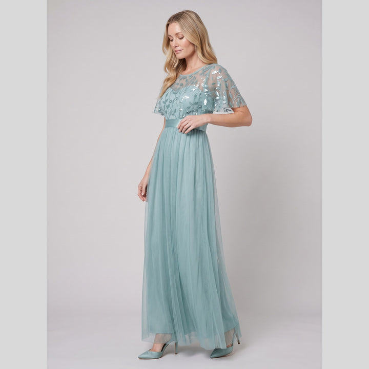 Light teal sequin leaf tulle maxi dress with flutter sleeves - The store Vancouver