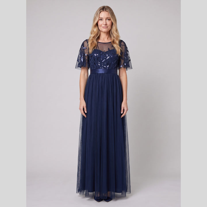 Navy blue sequin leaf tulle maxi dress with flutter sleeves - The store Vancouver