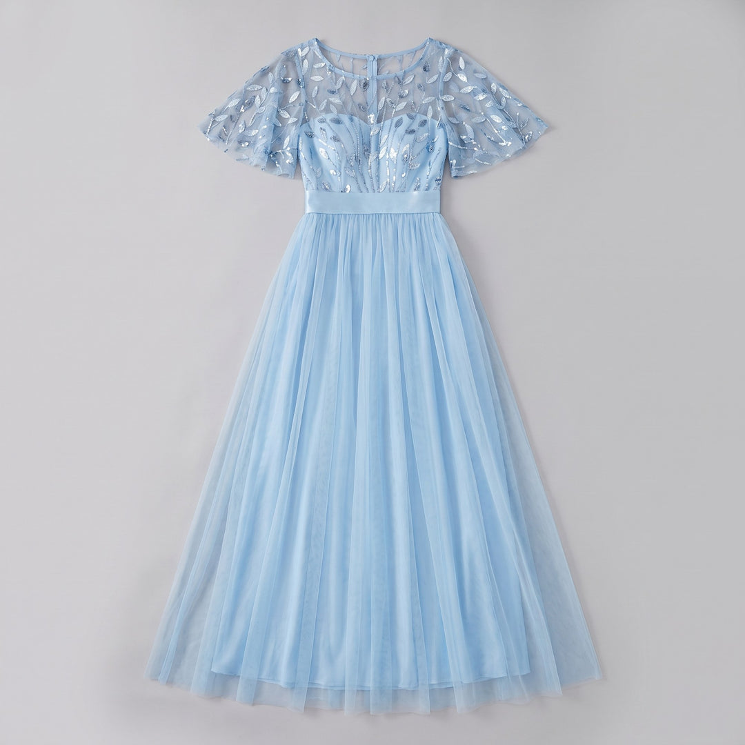 Sky blue sequin leaf tulle maxi dress flat lay product photo - The store Vancouver