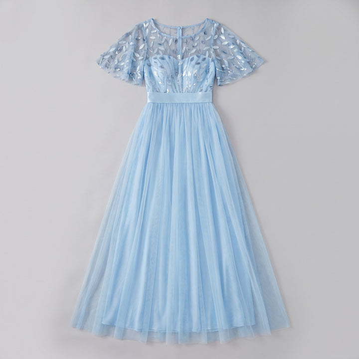 Sky blue sequin leaf tulle maxi dress flat lay product photo - The store Vancouver