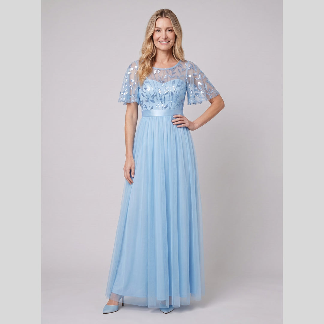 Sky blue sequin leaf tulle maxi dress with flutter sleeves - The store Vancouver