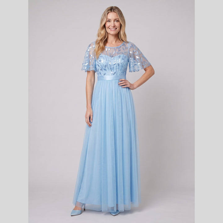 Sky blue sequin leaf tulle maxi dress with flutter sleeves - The store Vancouver