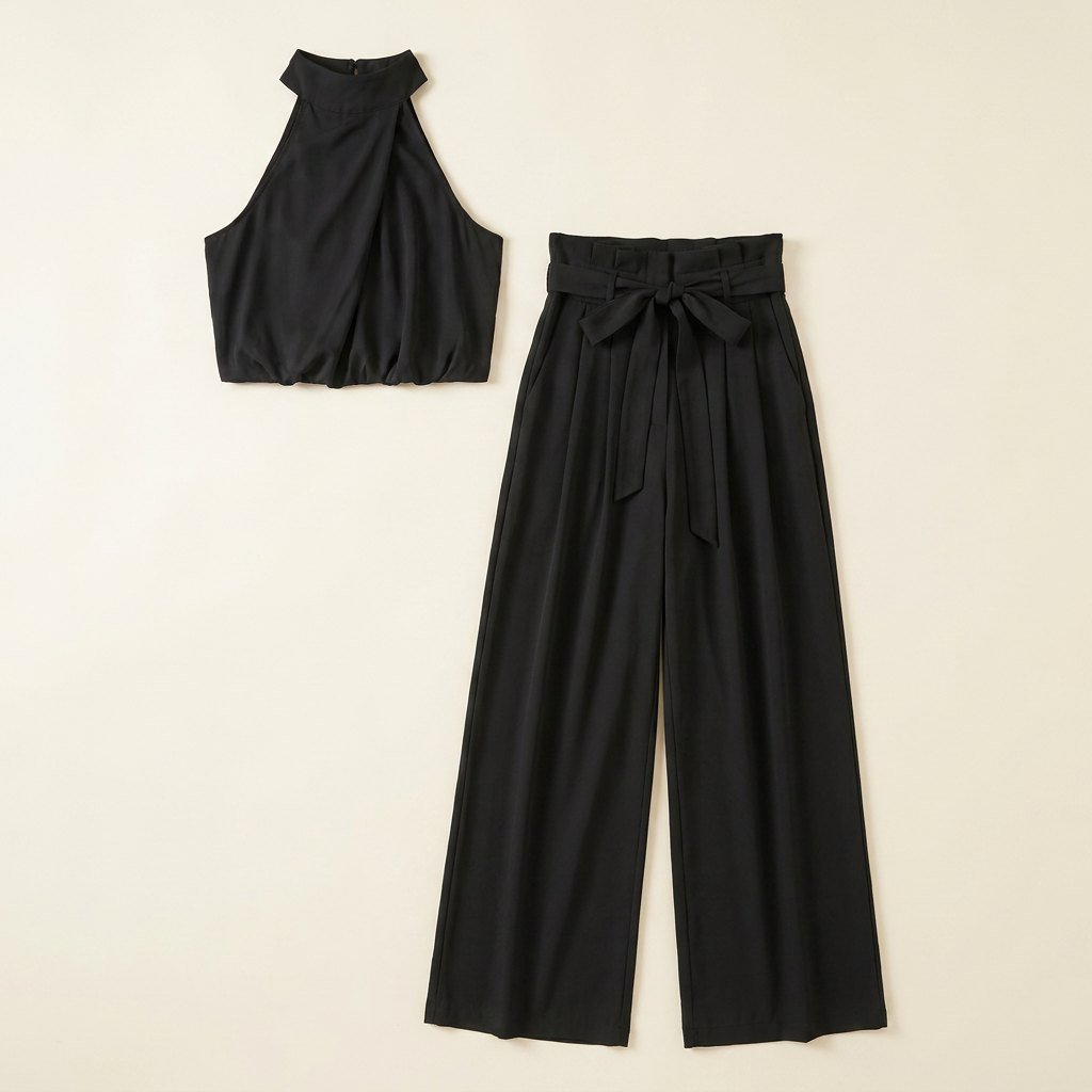 Bastienne halter crop top and high-waist pants set in black, two-piece flat-lay