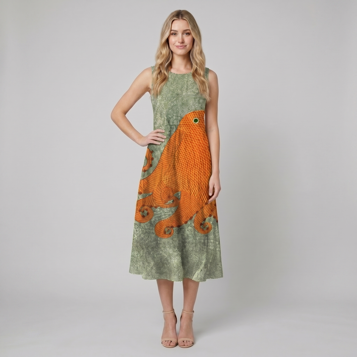 Bea sage green orange octopus print sleeveless sundress