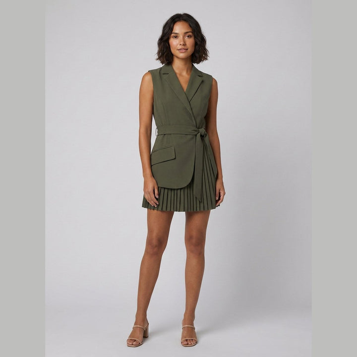Bella belted blazer dress green on model