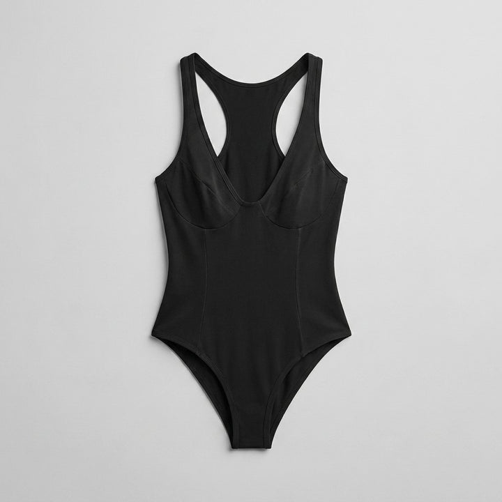 Bella deep-V racerback bodysuit black flat lay