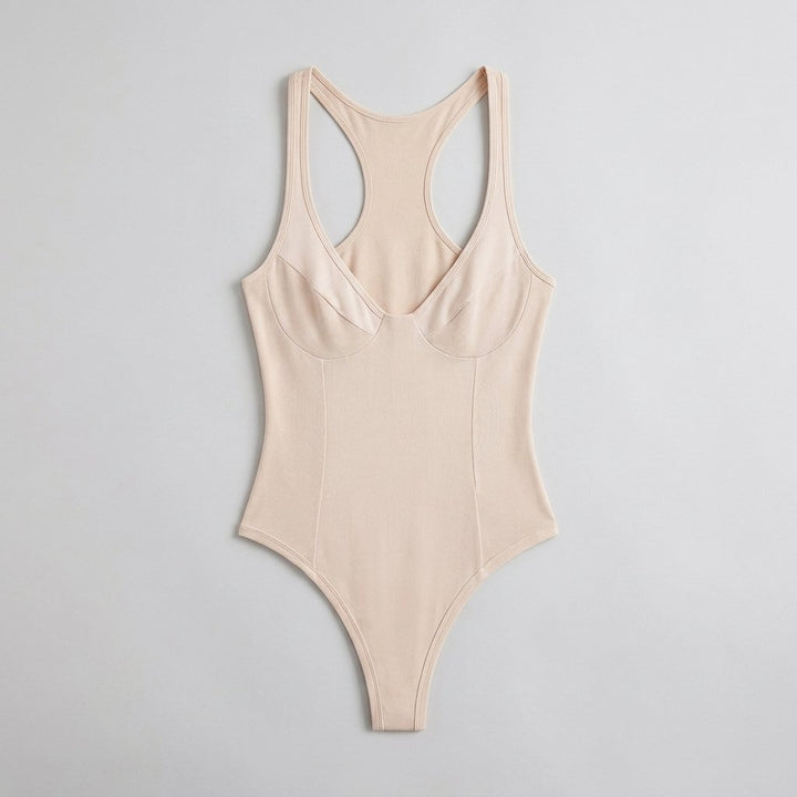 Bella deep-V racerback bodysuit wheat flat lay