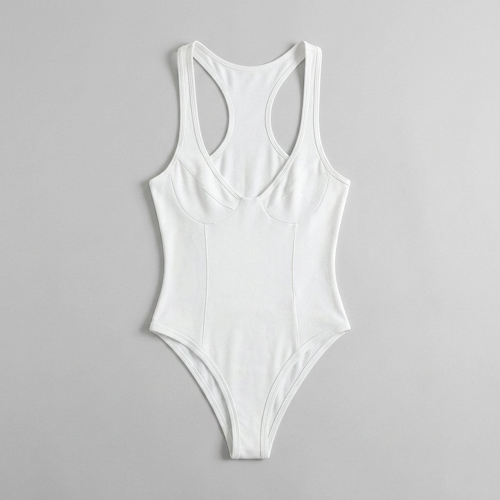 Bella deep-V racerback bodysuit white flat lay