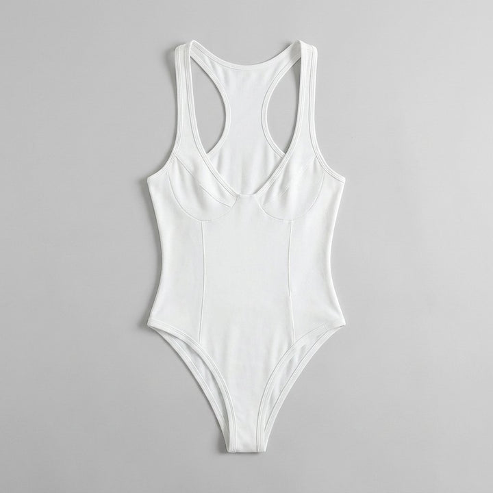 Bella deep-V racerback bodysuit white flat lay