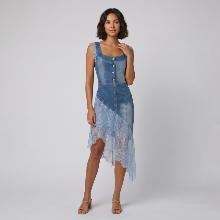 Bella blue denim lace-trimmed dress on model
