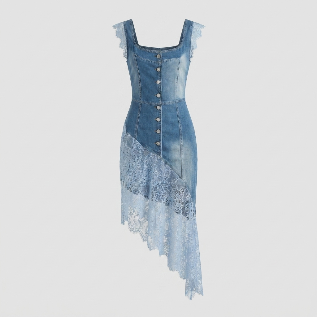 Bella blue denim lace-trimmed dress product flat-lay