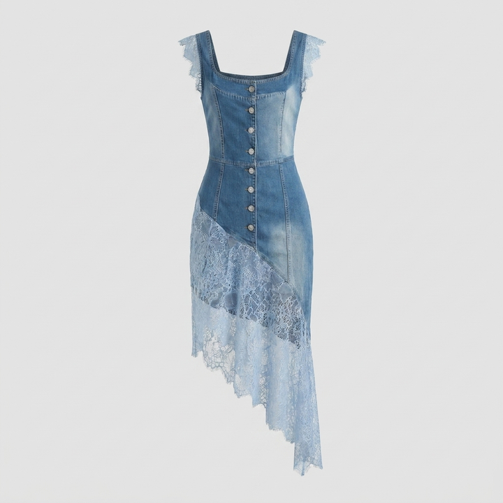 Bella blue denim lace-trimmed dress product flat-lay